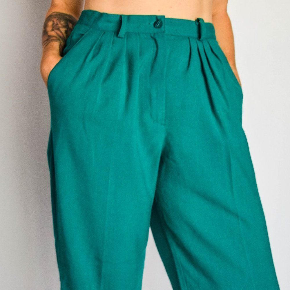 Vintage 80s high waisted pleated tapered leg turquoise trousers slacks pants